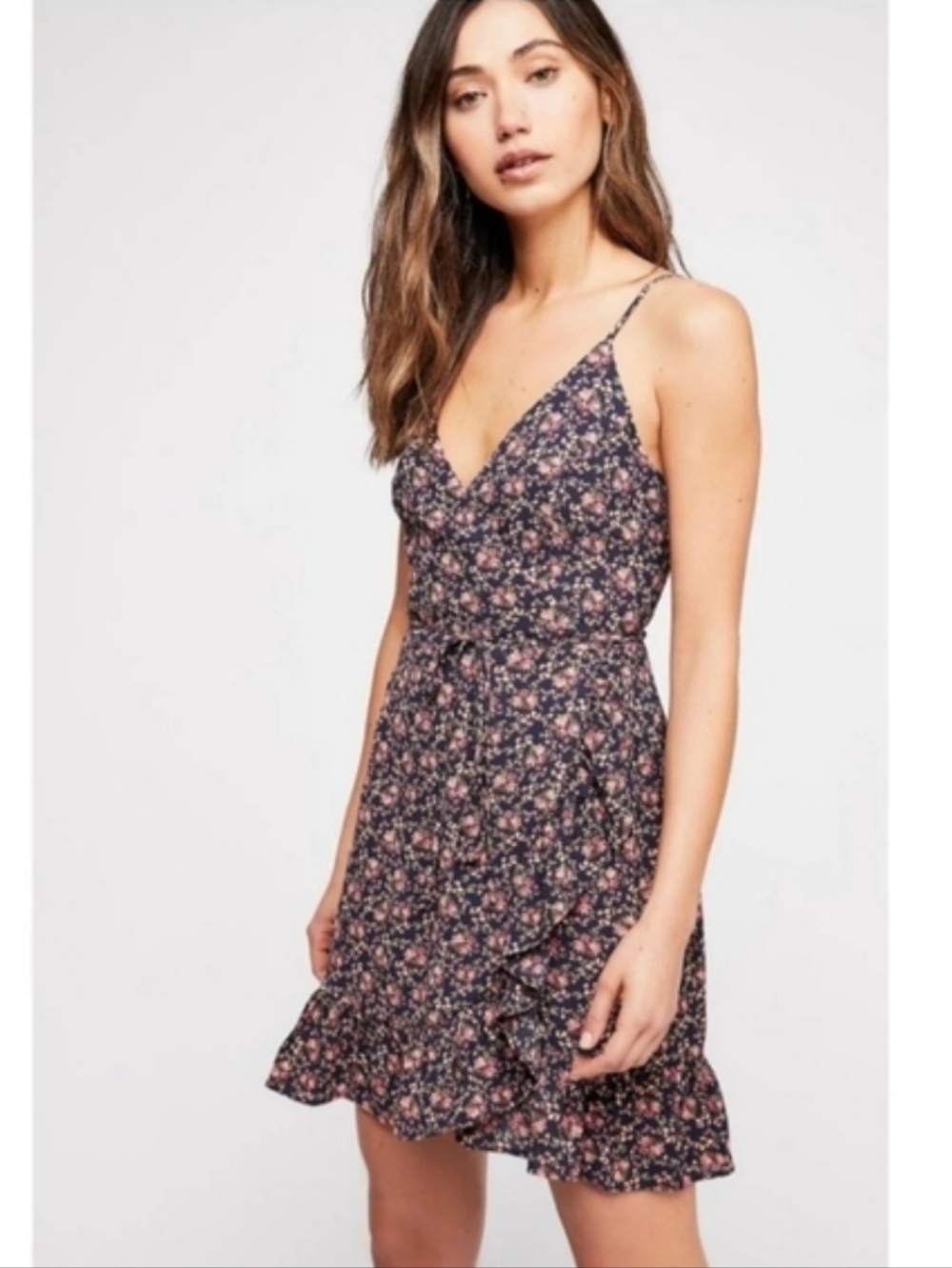 Free People Navy Floral Mini Dress with Pink Accents